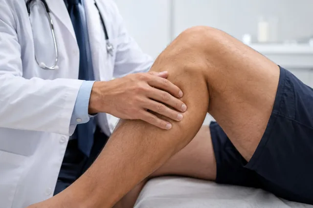 Médico examinando a musculatura da perna de um paciente